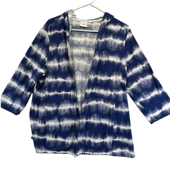 Chico's Weekends Blue White Tie Dye Open Long Line Hooded Sweatshirt - Picture 1 of 10
